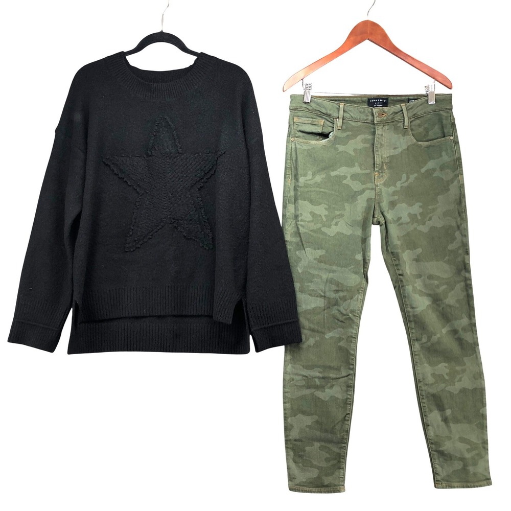 Loved + Adored Sanctuary Sweater Jeans Womens L 31/12‎ Black Green Star Camo Set